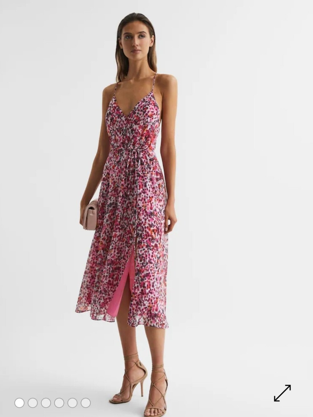 Reiss Pippa Floral Midi Dress in Pink Deep V-neckline Feminine